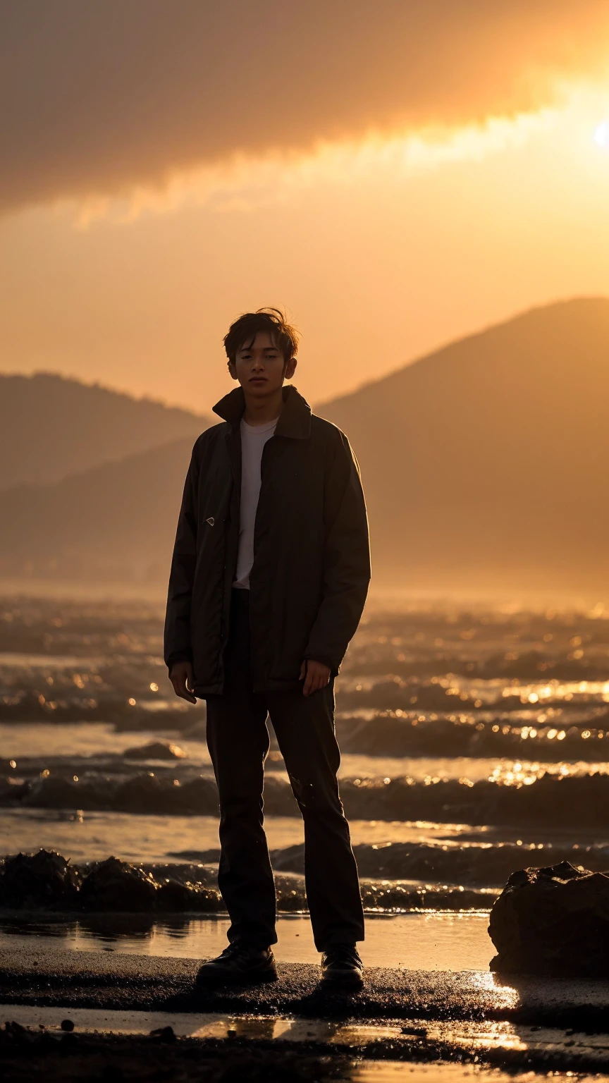A young man made of ral-dissolve, wearing a tattered suit and playing a haunting melody on his guitar, stands in the midst of a destroyed city. His face is ideal but sad, reflecting the horrors of war that have surrounded him. Despite the devastation, the man represents hope and life, a beacon of light in the darkness. The early sunrise casts a warm glow through the clouds, illuminating the scene with a sense of promise and renewal. The ral-dissolve technique creates a sense of ethereal beauty, emphasizing the man's connection to the spiritual realm. The overall mood is one of melancholy and reflection, a poignant reminder of the fragility of life and the power of hope in the face of adversity.