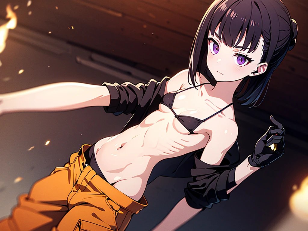 Oze Maki , (alone:1.2), ((masterpiece)), (Shadow), [slim], (Small breasts), ((Sharp focus)), Pale skin, ((Fine grain)), (Blurred Background), Flame effect, (Small bikini bra), Oversized Orange Cargo Pants, belly button, gloves, (clavicle), Dramatic Pose, Purple eyes
