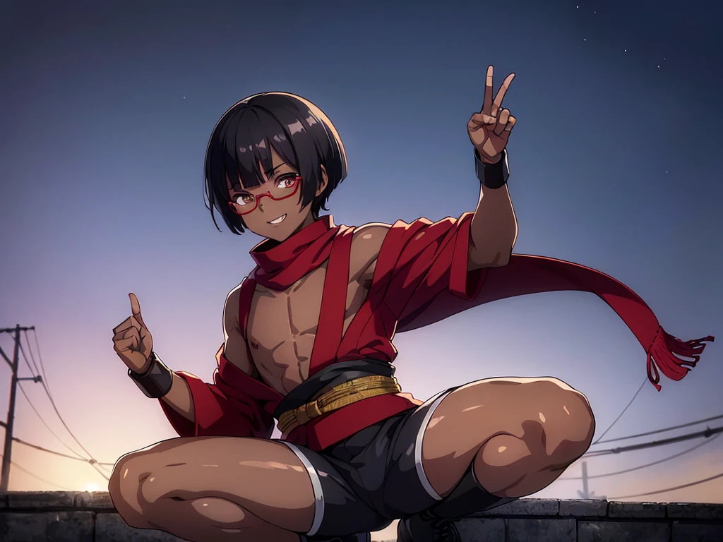 (flat chest:), (masterpiece:1.2), highest quality, High resolution, unity 8k wallpaper, (fine and beautiful eyes:1.6), highly detailed face, perfect lighting, Detailed CG, (perfect hands, perfect anatomy), (1 boy solo:1.4), 20 years old, black hair, extremely beautiful detailfeminine face and eyes, (evil smile:1.4), detailed eyes, best quality,( dark skin:1.8), (turtleneck shirt under yukata:1.2), (bike shorts:1.2), extremely detailed, very precise detailed, (glasses:1.3), blunt bangs, open mouth, (very short pixie cut:1.2), boots,fingerless gloves, smile, half closed eyes, ,(on kawara roof),night sky, ,long sidelocks,(long red Scarf),(yukata),(squatting), ears,(acrobat pose:1.3),(squat:1.3),leaning forward,(one knee dwon:1.5),(Put one foot in front:1.3),(stylish pose:1.4),(Raise index and middle fingers together:1.5),(arm up:1.5)