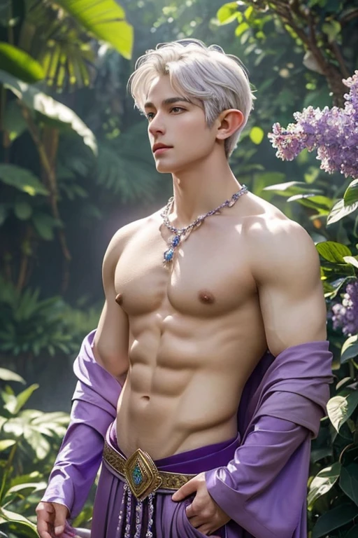 best quality,masterpiece,Ultra high detail,A handsome muscular fractal white hair jewel elf druid prince, Short hair,topless,),(wearing lilac and Violet wardrobe with jewelry ),realistic, amethyst wonderland background, light environment