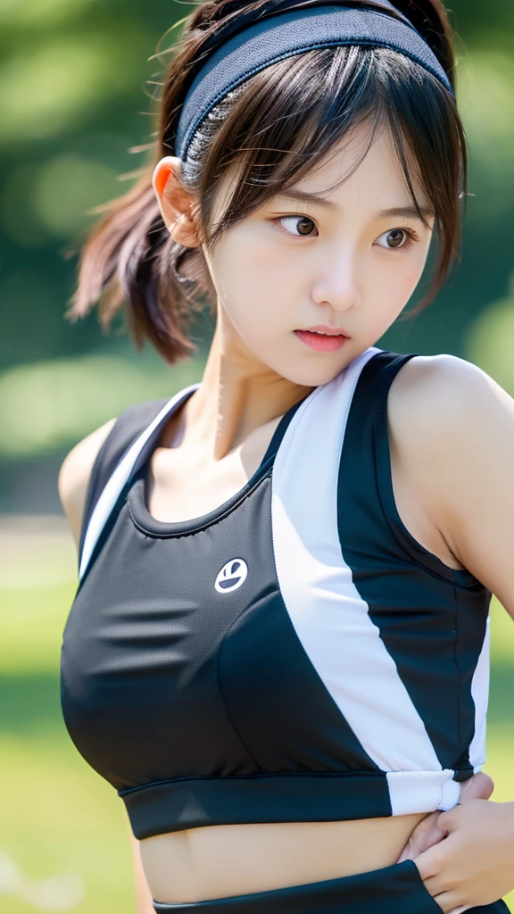 (( detail face )) ((realistic)) ((perfect face)) A girl. Black short hair. Sprot outfit. short top . running along park . Sweat. sport shoes .