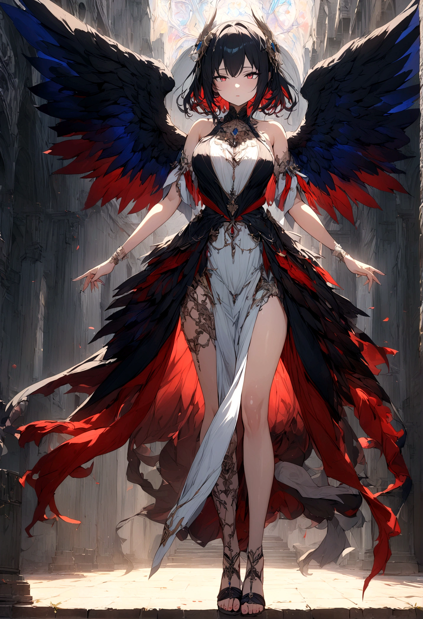 ((Nsfw, Vulgar)),wet-on-wet oil painting depicting a dark angel, a semi-realistic full body portrait, blood on the angel face,, red eyes, gorgeous painting, breathtaking, semirealistic, beautiful colors, evil, beautiful red eyes, detailed textures, massive blackdark feathers, blood, white hair, evil grin, evil smile