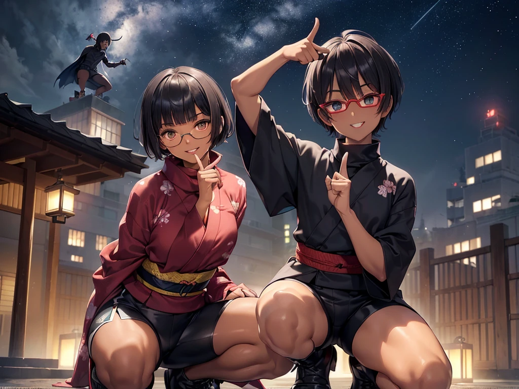 (flat chest:), (masterpiece:1.2), highest quality, High resolution, unity 8k wallpaper, (fine and beautiful eyes:1.6), highly detailed face, perfect lighting, Detailed CG, (perfect hands, perfect anatomy), (1 boy solo:1.4), 20 years old, black hair, extremely beautiful detailfeminine face and eyes, (evil smile:1.4), detailed eyes, best quality,( dark skin:1.8), (turtleneck shirt under yukata:1.2), (bike shorts:1.2), extremely detailed, very precise detailed, (glasses:1.3), blunt bangs, open mouth, (very short pixie cut:1.2), boots,fingerless gloves, smile, half closed eyes, ,(on kawara roof),night sky, ,long sidelocks,(long red Scarf),(yukata),(squatting), ears,(acrobat pose:1.3),(squat:1.3),leaning forward,(one knee dwon:1.5),(Put one foot in front:1.3),(stylish pose:1.4),(Raise index and middle fingers together:1.5),(arm up:1.5)