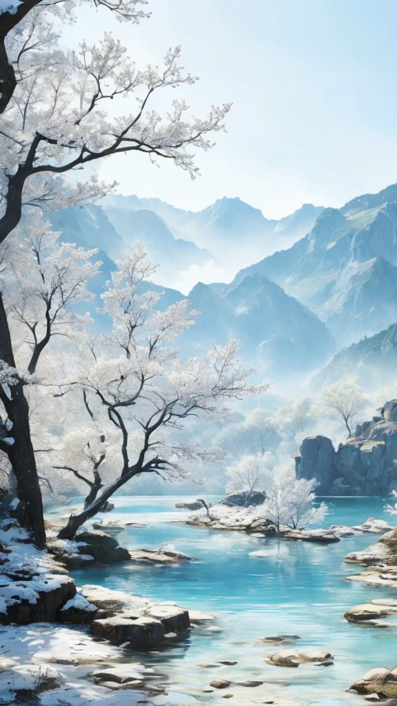 White background, landscape, 墨water, Monte, water, Tree,Lakeside