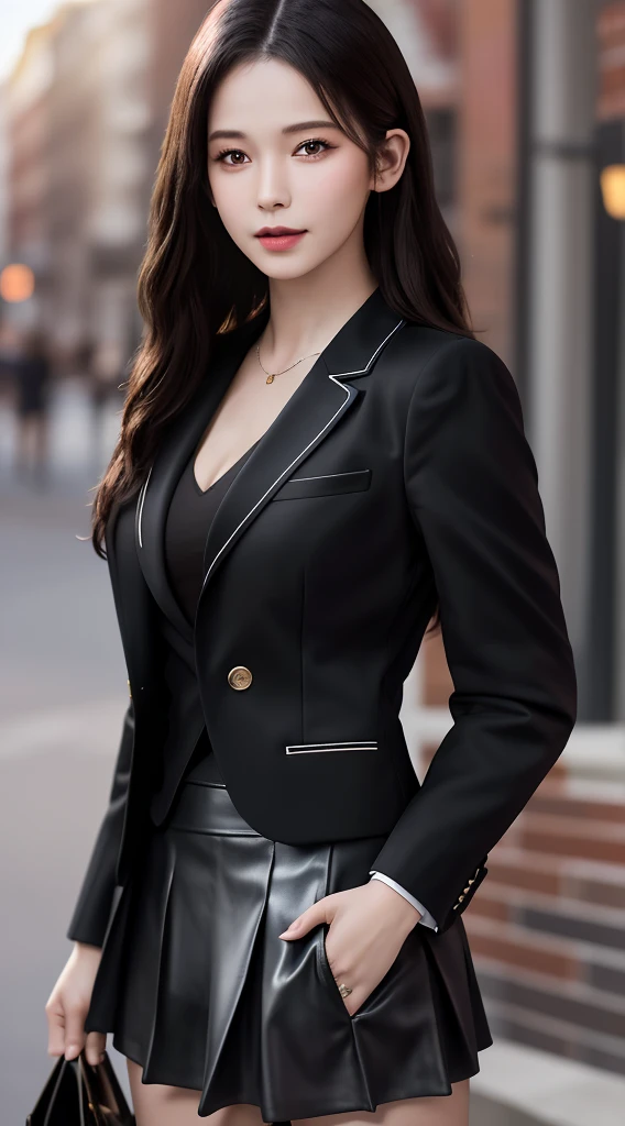 best quality, masterpiece, 1girl, Beautiful face, (photo realistic:1.3), rim lighting, (high detailed skin:1.2), 8k uhd, dslr, high quality, high resolution, 4k, 8k, Bokeh, absurdres, best ratio four finger and one thumb, (realistic:1.3), cute 1girl, wearing black formal blazer, medium breasts, short skirt,