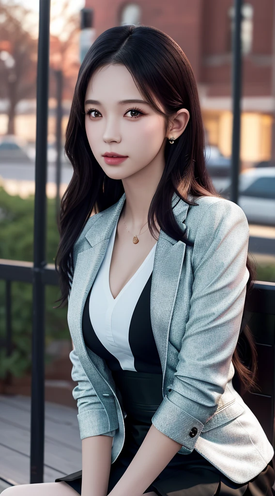 best quality, masterpiece, 1girl, Beautiful face, (photo realistic:1.3), rim lighting, (high detailed skin:1.2), 8k uhd, dslr, high quality, high resolution, 4k, 8k, Bokeh, absurdres, best ratio four finger and one thumb, (realistic:1.3), cute 1girl, wearing black formal blazer, medium breasts, short skirt,