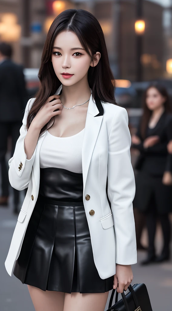best quality, masterpiece, 1girl, Beautiful face, (photo realistic:1.3), rim lighting, (high detailed skin:1.2), 8k uhd, dslr, high quality, high resolution, 4k, 8k, Bokeh, absurdres, best ratio four finger and one thumb, (realistic:1.3), cute 1girl, wearing black formal blazer, medium breasts, short skirt,