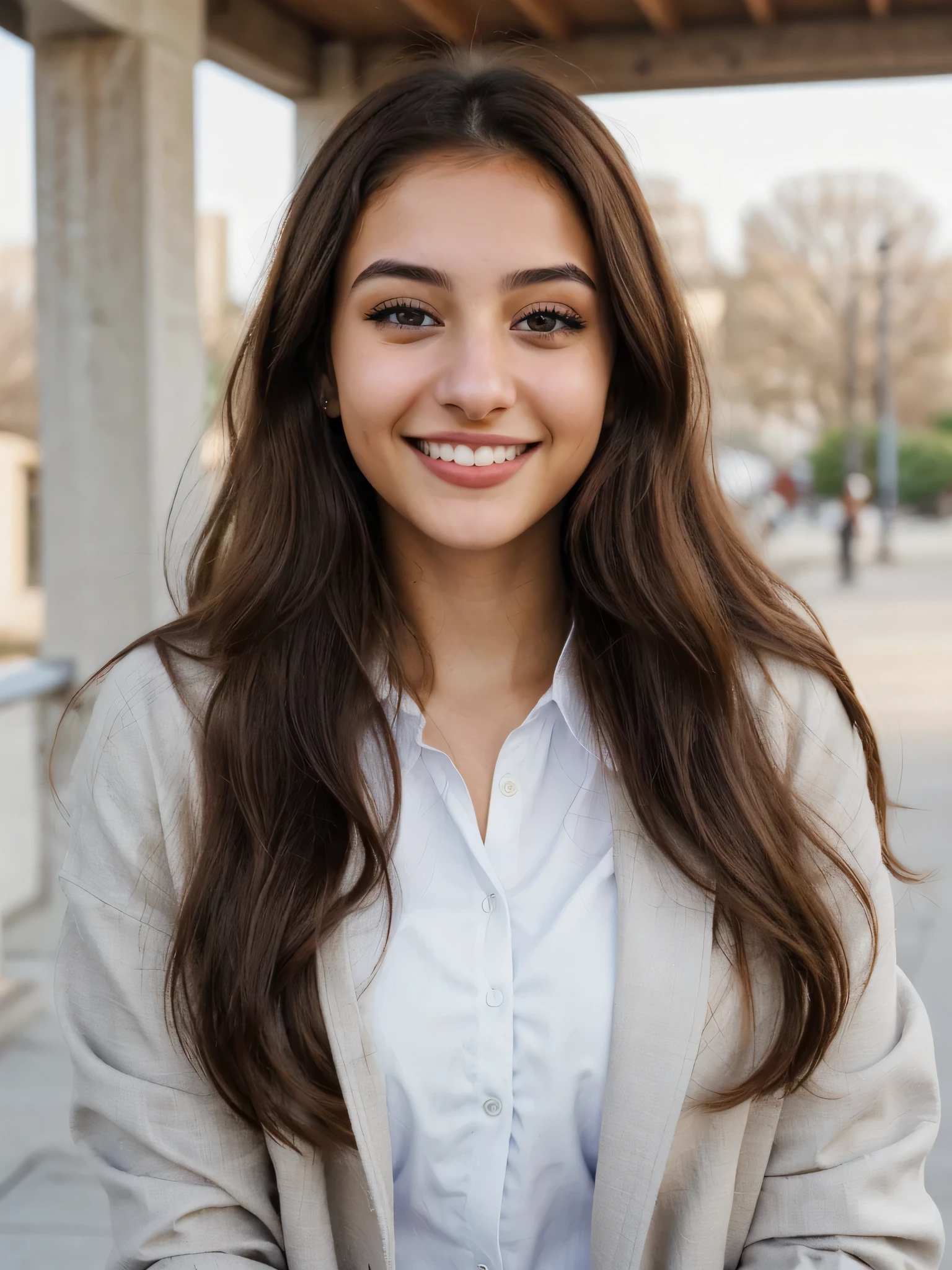 one cute women, 20YO, white, Arab, cute face, realistic brown eyes, blue jacket, brown hair, cute smile, skinny face, white realistic teethes, big eyes, long hair