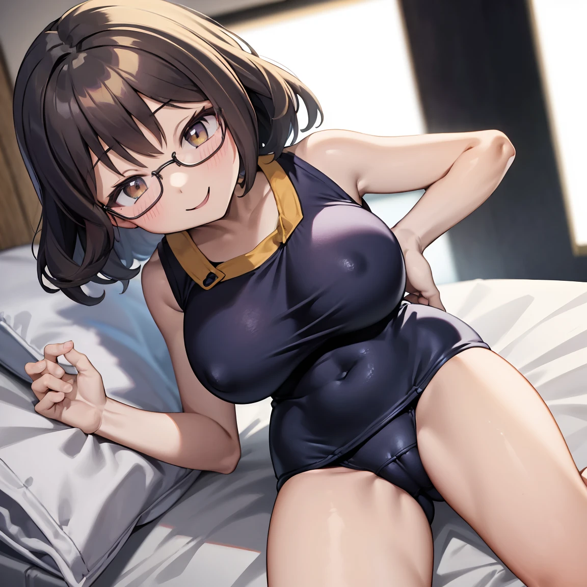 8k、masterpiece、Japanese、Woman wearing glasses、anise、from the front、smile、ish、Big Br School Swimsuit、night、Bedroom、Move the cloth between your legs to show