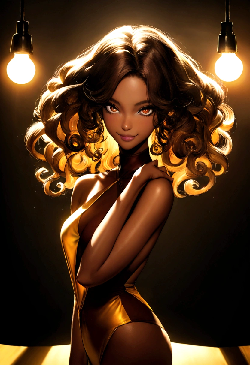 (masterpiece:1.2), (ultra-detailed:1.2), (perfect details), (extremely fine and beautiful:1.1), beautiful face, beautiful eyes, (detailed face, detailed eyes:1.2), detailed lip, shiny skin, oil skin, shiny hair, sense of depth, depth of field, (add layer:1.2), dynamic angle, scenery, dramatic lighting, volumetric lighting, golden hour, 1girl, solo, strong, genius, attractive, shapely, powerful, (leopard girl, sbloody roar4, leopard print leotard and fishnets, set in a prison:1.2),(Darkskin:1.2), (black hair:1.2), curly, bangs, long hair, (black eyes:1.2), Mahogony dark skin, gloves, statuesque oblong-shaped face, vivacious eyes, flowing wavy dragonbraid, tone, hourglass physique, thick, alluring, large breasts, large butt, heart hips, long, toned legs. ):1.2, (Impish, mischievous smile:1.2), dangerous ,futuristic-fantasy-anime