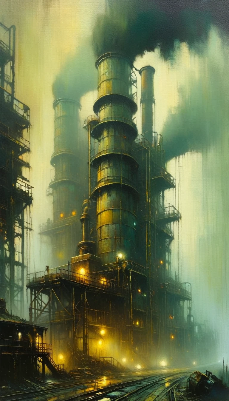 (steampunk:1.5), detailed large ruined industrial factory, foggy atmosphere, polluted environment, dirty industrial aesthetic, dystopian atmosphere, dramatic lighting, muted color palette, (art inspired by Bill Sienkiewicz). oil painting, details of brush strokes that enhance depth)