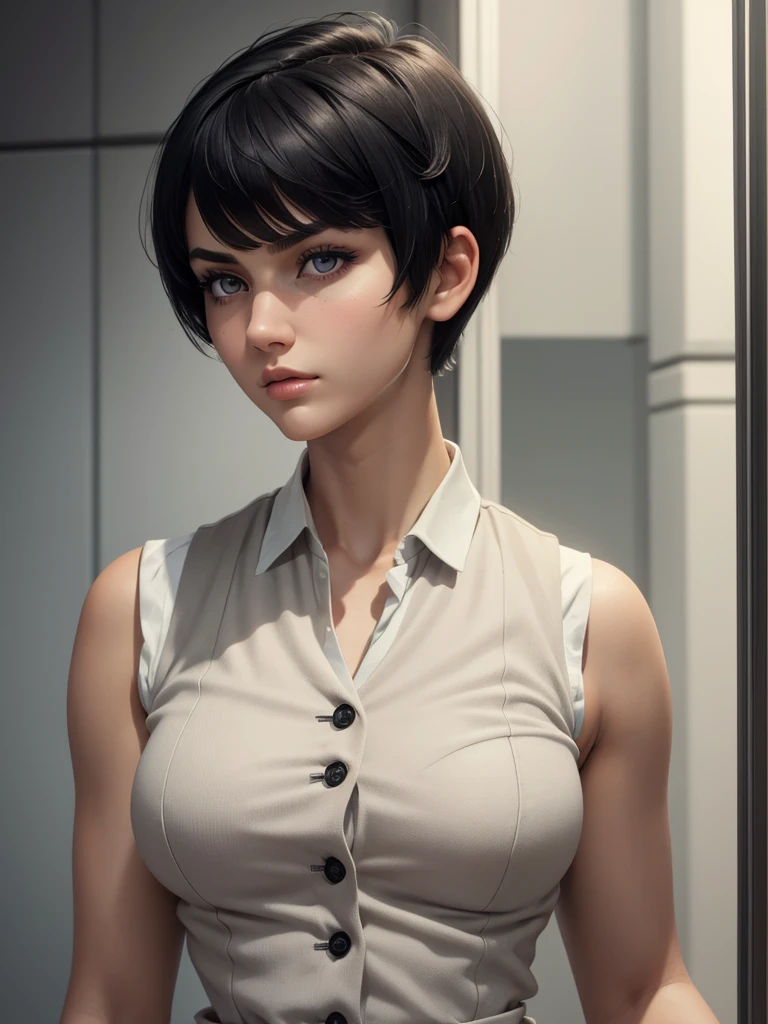 (best quality), 1girl, female, 24 years old, white skin, black hair, short hair, pixie cut, short messy bangs, grey eyes, perfect eyes, smug, vest, strong jawline, tall, rich, masterpiece, anatomically correct, highres
