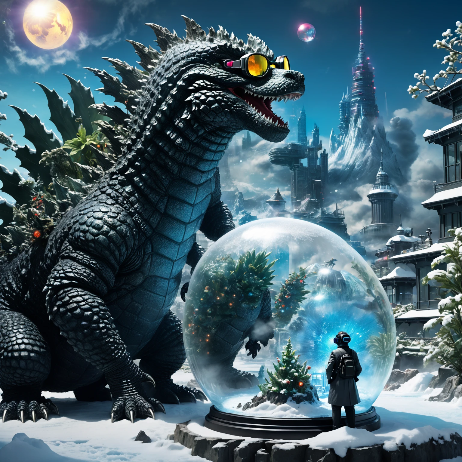 A partiality side view of an elegant Godzilla, with dark goggles and wearing fashion accesories, he is watching an experimental nuclear explosion inside a giant snow-globe like structure in the distance, surrounding plants slightly glowing with bioluminesce.