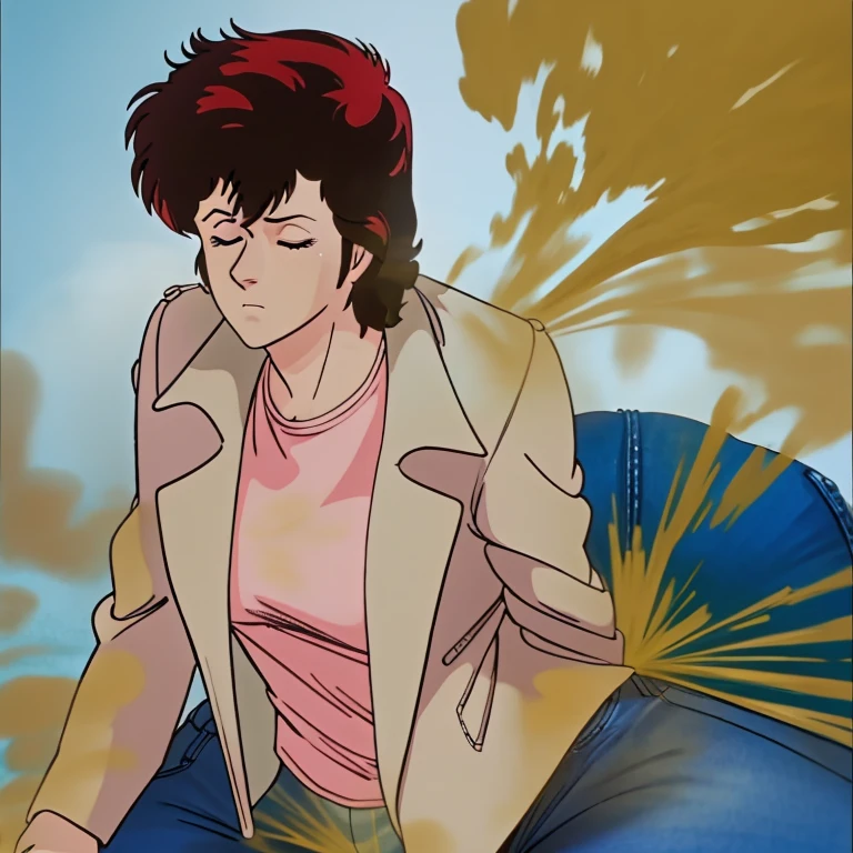 HD, high quality, high resolution, ultrahd,Kaori Makimura, 1female, wearing default outfit, light pink shirt, white coat, wearing coat over tshirt, jeans, default hair, brown hair, very tall body, thin body, massive fart, yellow smoke, velocity, closed eyes, POV, sitting on viewer, viewing ass, beautiful lighting, highlights