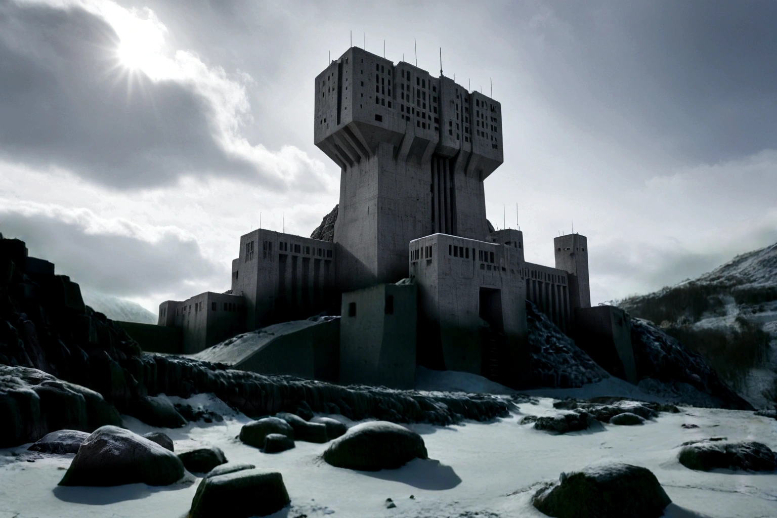 ((ON AN ALIEN PLANET IN THE BACKGROUND THERE IS A BRUTALIST-STYLE CONCRETE FORTRESS)), (((A FUTURISTIC 40TH CENTURY AD FLYING ALIEN SPACESHIP PASSES IN CLOSEUP)) AMONG THE STEEP AND INTRINSIC MOUNTAINS WITH SHARP ROCKS WITH SNOW AND ICE, THE STORMY AND COLD SKY HAS THE CLOUDS DESTROYED BY THE FREEZING WIND FROM THE POLE, IMAGEN HIPER REALISTA, MAXIMUM DEPTH OF FIELD, MAXIMUM HDR 4K RESOLUTION, PERSPECTIVA PERFECTA