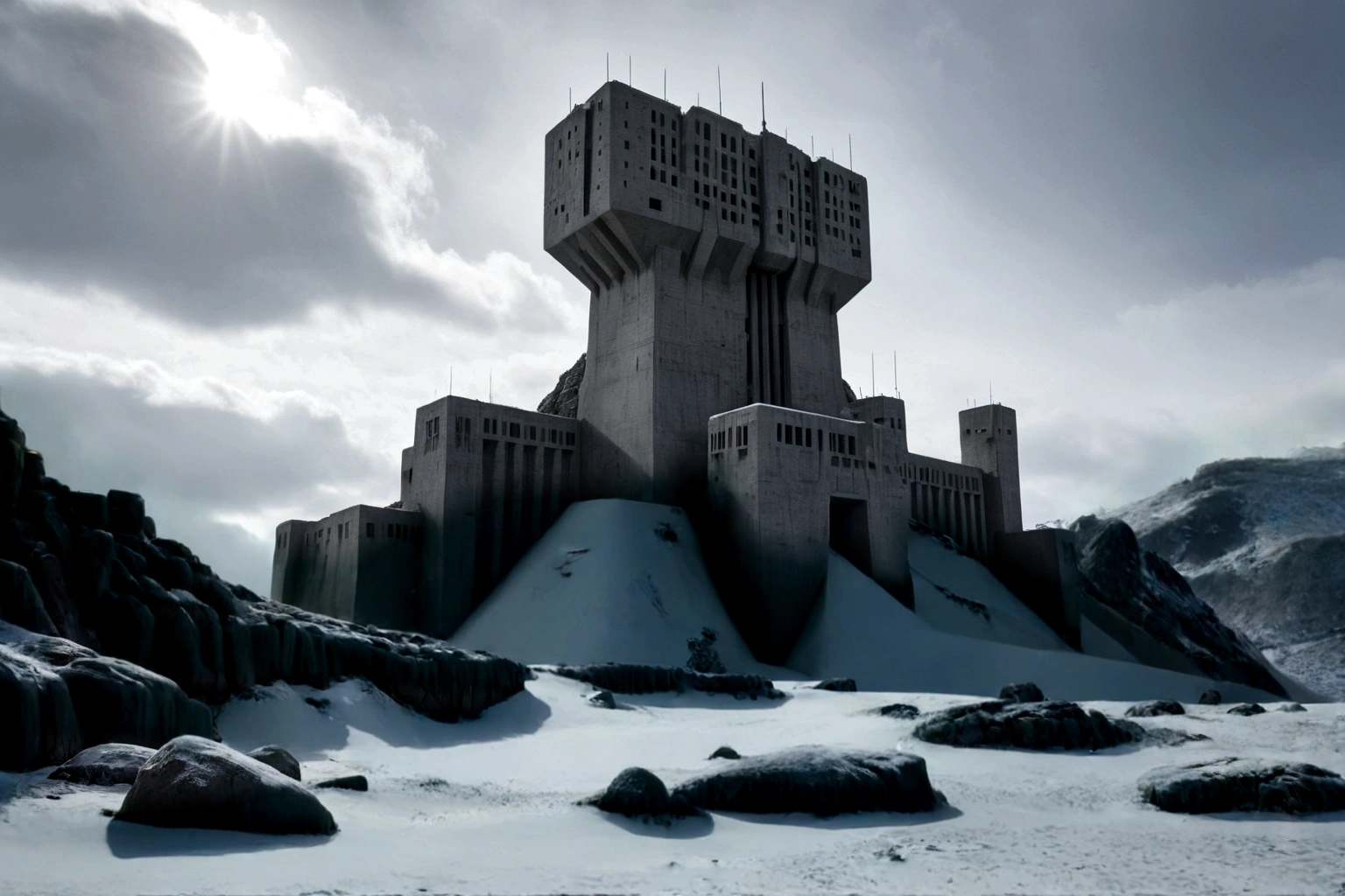 ((ON AN ALIEN PLANET IN THE BACKGROUND THERE IS A BRUTALIST-STYLE CONCRETE FORTRESS)), (((A FUTURISTIC 40TH CENTURY AD FLYING ALIEN SPACESHIP PASSES IN CLOSEUP)) AMONG THE STEEP AND INTRINSIC MOUNTAINS WITH SHARP ROCKS WITH SNOW AND ICE, THE STORMY AND COLD SKY HAS THE CLOUDS DESTROYED BY THE FREEZING WIND FROM THE POLE, IMAGEN HIPER REALISTA, MAXIMUM DEPTH OF FIELD, MAXIMUM HDR 4K RESOLUTION, PERSPECTIVA PERFECTA