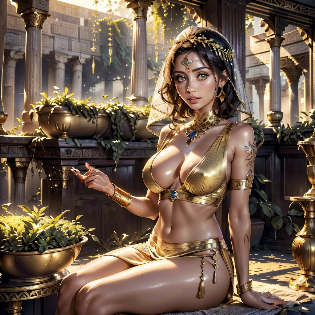 (masterpiece:1.4), (various angle:1.4), (best quality, highres:1.9), (Natalie Imbruglia:1.4), (sitting), (ancient greek goddess veil with toga clothe:1.3), (horny:1.45), (Hands behind back:1.5), (magical night:1.3), (bitchy and naughty:1.4), (large lips done over:1.45) (eyes half-closed:1.15), ((big redone breasts:1.5)), (photorealistic:1.4), (intricate and beautiful:1.2), (detailed light), (highres textures), dynamic various pose, soft light passing through hair, (sharp), exposure blend, (bokeh), (hdr:1.4), (cinematic:1.2), ( girl), (younger), beautiful face, (Hanging Gardens of Babylon scenery background:1.35)