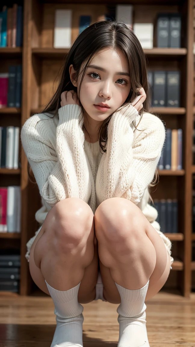 a cute squatting, wearing black knee-high socks, white miniskirt,red panties visible, detailed face, beautiful eyes,esta en la biblioteca, photorealistic, 8k, highly detailed, hyper realistic, natural lighting, intricate details, realistic skin texture, beautiful color