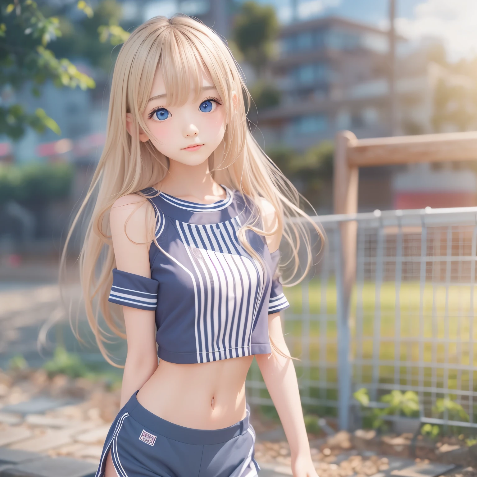 cute face, masterpiece, Highest quality, One girl, alone, , Quarter Japanese, Blonde Hair, Long Hair, Purple eyes, Side-parted bangs, Short bangs, Medium chest, Play sports often, Bloomers, Outdoor, Athletics, Conceit