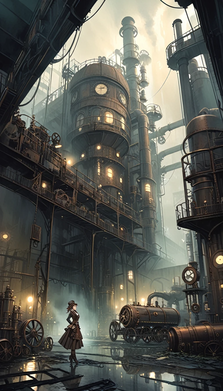 (steampunk:1.5), detailed large ruined industrial factory, foggy atmosphere, polluted environment, dirty industrial aesthetic, dystopian atmosphere, dramatic lighting, muted color palette, (art inspired by Bill Sienkiewicz). oil painting)