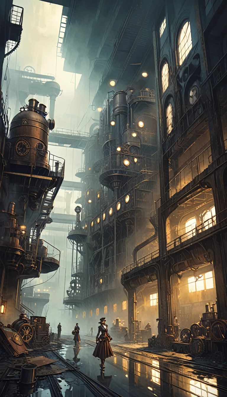 (steampunk:1.5), detailed large ruined industrial factory, foggy atmosphere, polluted environment, dirty industrial aesthetic, dystopian atmosphere, dramatic lighting, muted color palette, (art inspired by Bill Sienkiewicz). oil painting)