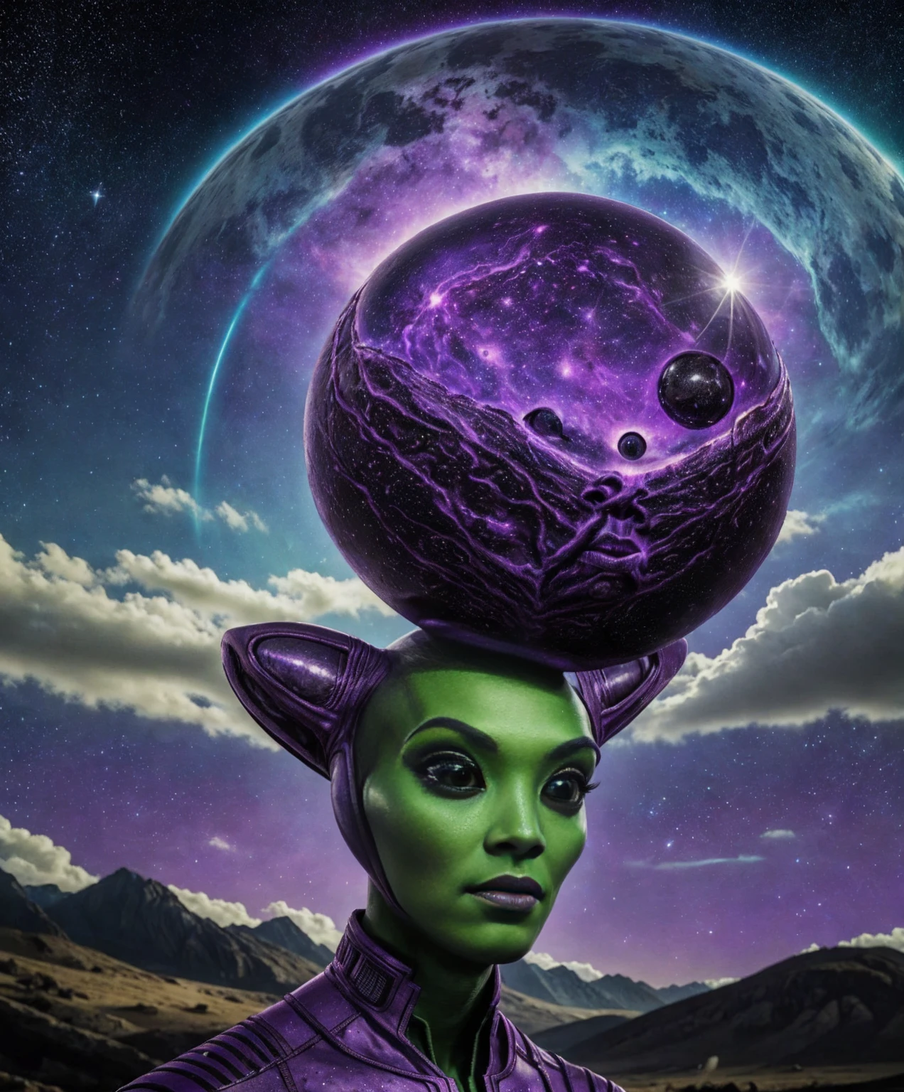 alien extraterrestrial persons exotic aliens facial features purple green cosmic scenery landscape