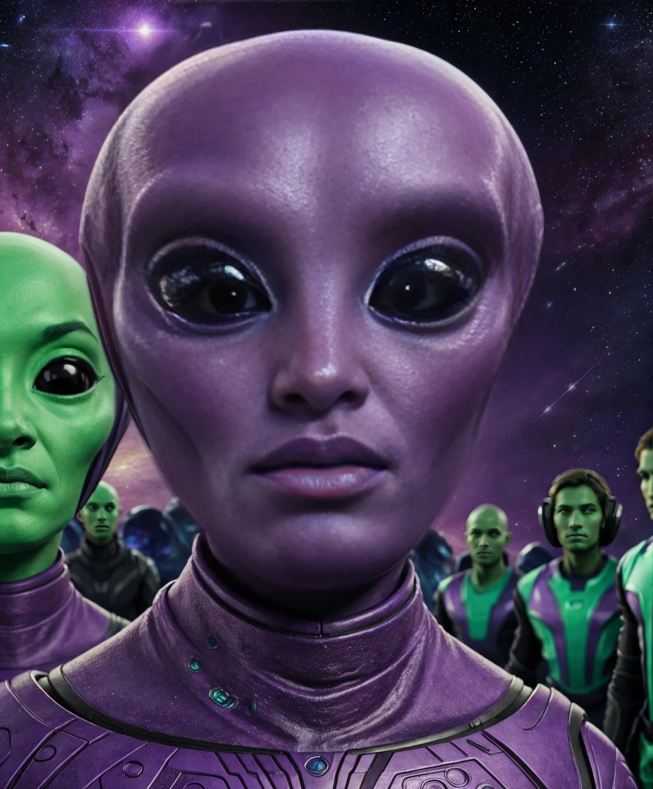 alien extraterrestrial persons exotic aliens facial features purple green cosmic scenery landscape