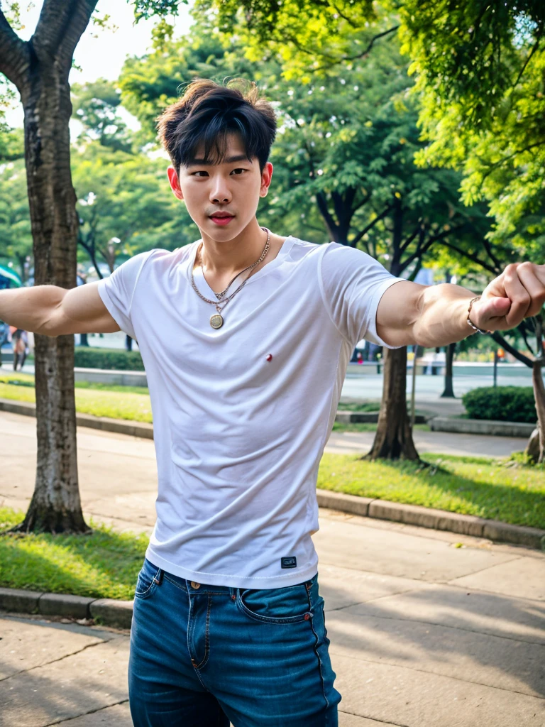 Realistic​ photography​ of a​​​​ korean-thai cute boy​, 25 ages​​​ , wearing​ shirt, thin​ necklace​, at​ park,movement pose cool,huge pecs
