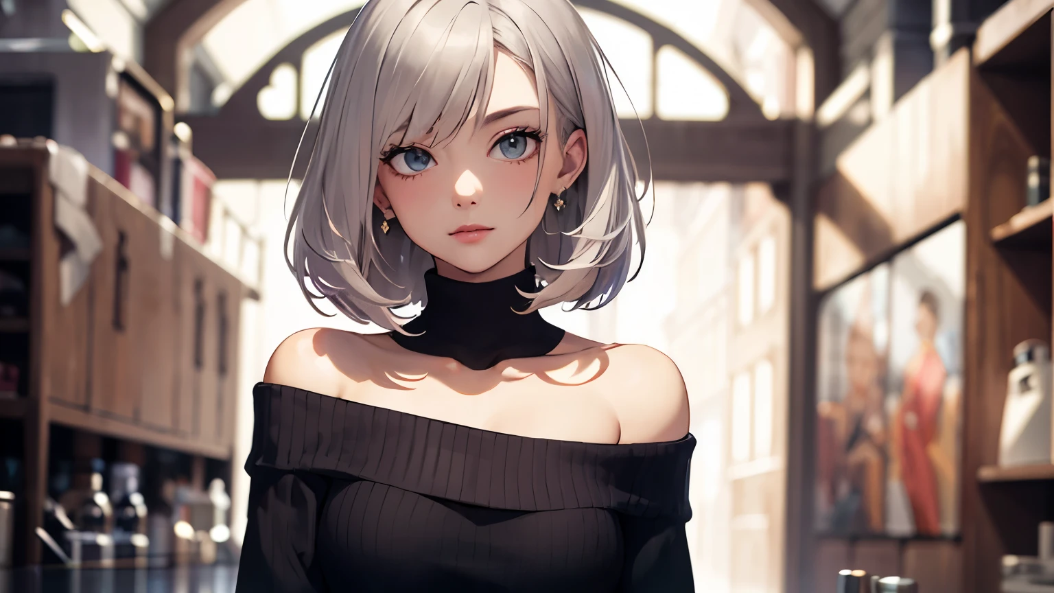 ((best quality)), ((masterpiece)), (detailed), 1 woman, off shoulder sweater, silver hair