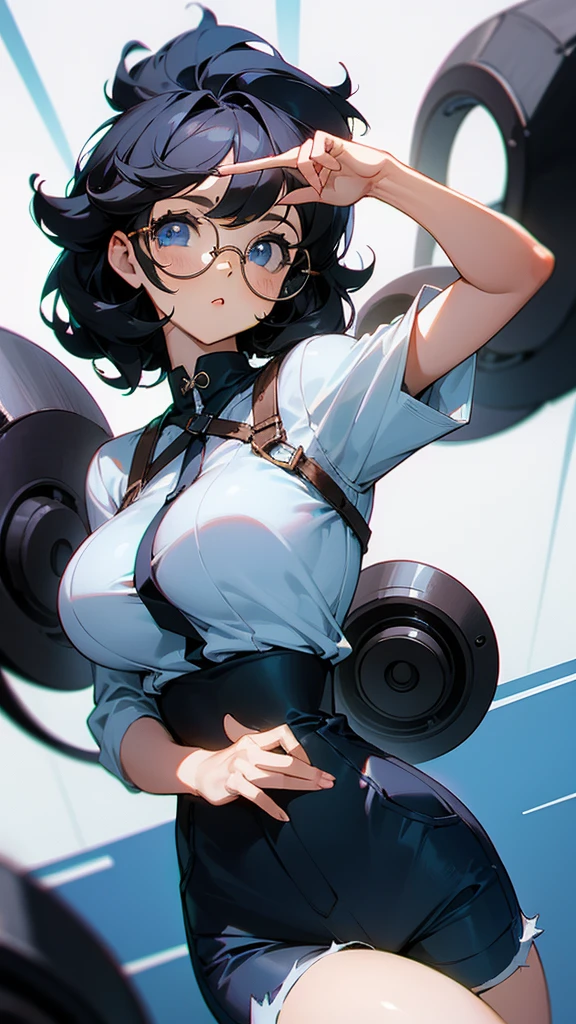 Cute girl, short curly black hair, round glasses, blue eyes, big breasts, short pants.