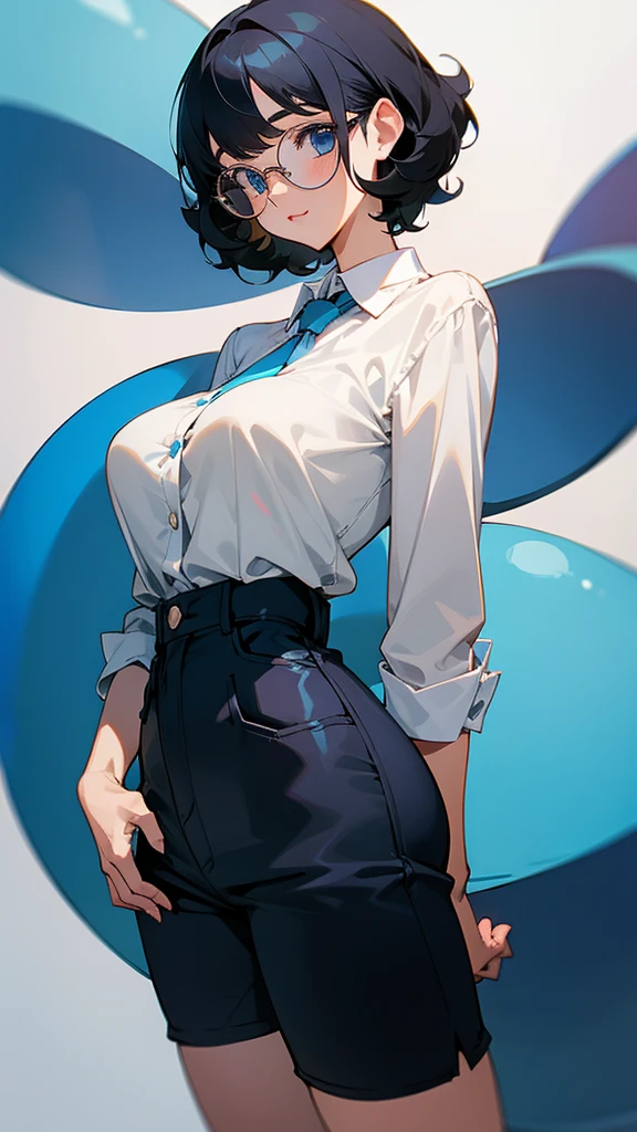 Cute girl, short curly black hair, round glasses, blue eyes, big breasts, short pants.