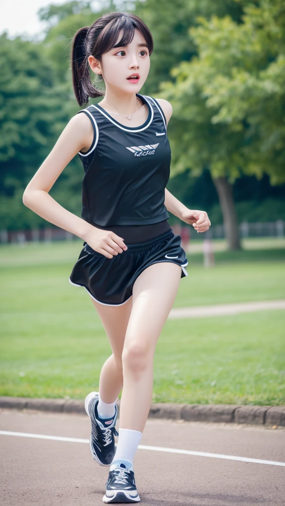((best quality)) (( detail face )) ((realistic)) ((perfect face)) A girl. Black short hair. Sprot outfit. short top . running along park . sport shoes .full body . 