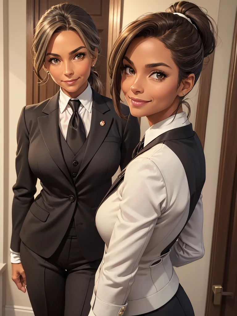 (best quality), 1girl, female, 50 years old, tanned skin, brown hair, grey streaks, medium hair, low ponytail, brown eyes, perfect eyes, polite smile, butler, suit, white gloves, masterpiece, anatomically correct, highres
