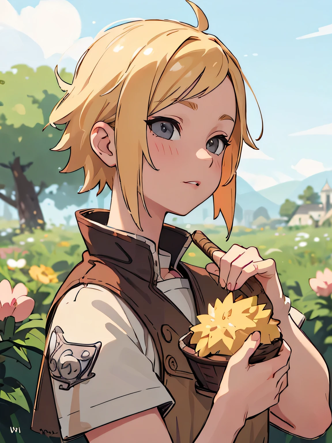 (Absurd, High resolution, Super detailed), (Cinematic), (超High resolution), alone, 1 person, mature, Happy, Upper Body, Blonde Short Hair, Fantasy, spring, garden, Mouth closed, (Cinematic, Highest quality, 超High resolution), ((Official Art)), ((Pop Art))profile, A simple hut, Detailed face, (Very fine grain), naruto uzumaki, ((noble)), (((Prince&#39;s black costume))), Emperor, Duke, (((((alone)))))