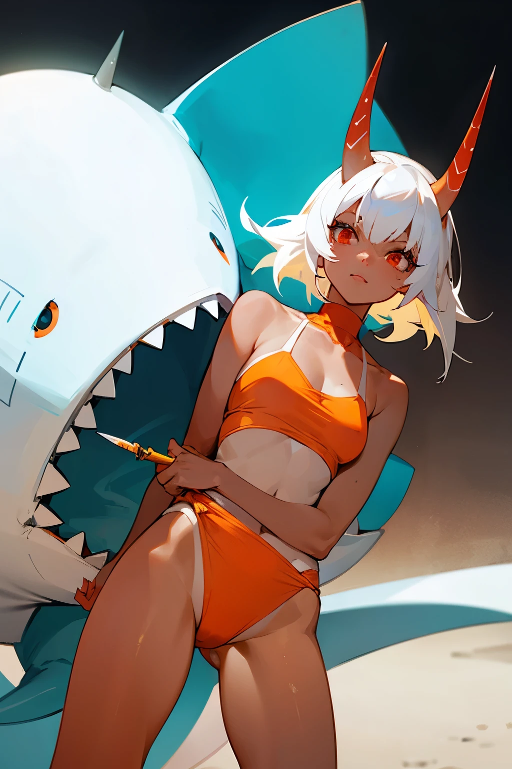 A giant girl with 1 horn, white hair, shark dreams, tan skin, one red eye and one orange. holding a knife in a swimsuit