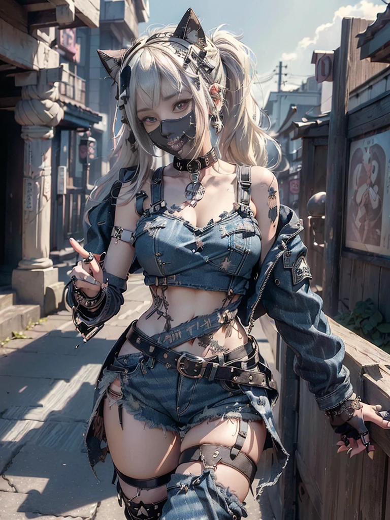 (Full Body View:1.3)、(Beautiful lips and nose:1.4)、(Long eyelashes:1.4)、(Side view:1.1)、(Smiling with teeth showing:1.3),(Shibuya Gal:1.5)、(Gothic Lolita delicately decorated dress:1.5)、(Tattered denim and black punk rock cargo pants:1.5)、(Denim and black with white skull mark small jacket:1.4)、(denim garter belt:1.5)、(Black and denim knee socks:1.3)、(Skull Silver Accessories:1.5)、(Denim collar:1.3)、(Brown Skin Belt:1.4)、(Brown boots:1.2)、(The underwear is striped:1.4)、31 years old、((Highest quality、In 8K、masterpiece:1.3))、Sharp focus:1.2、(Layered Cut、Huge boobs:1.1),Beautiful woman with perfect figure:1.4、(Dancing vigorously:1.3)、Slender Abs:1.2、Highly detailed face and skin texture、Detailed eyes、double eyelid,(Twin tails:1.3)、(Cream colored hair:1.3)、Gravure idol、(The background is a gorgeous temple in the sky:1.3)、(Slim body:1.2),(Make your legs thinner:1.4),(clavicle:1.1)