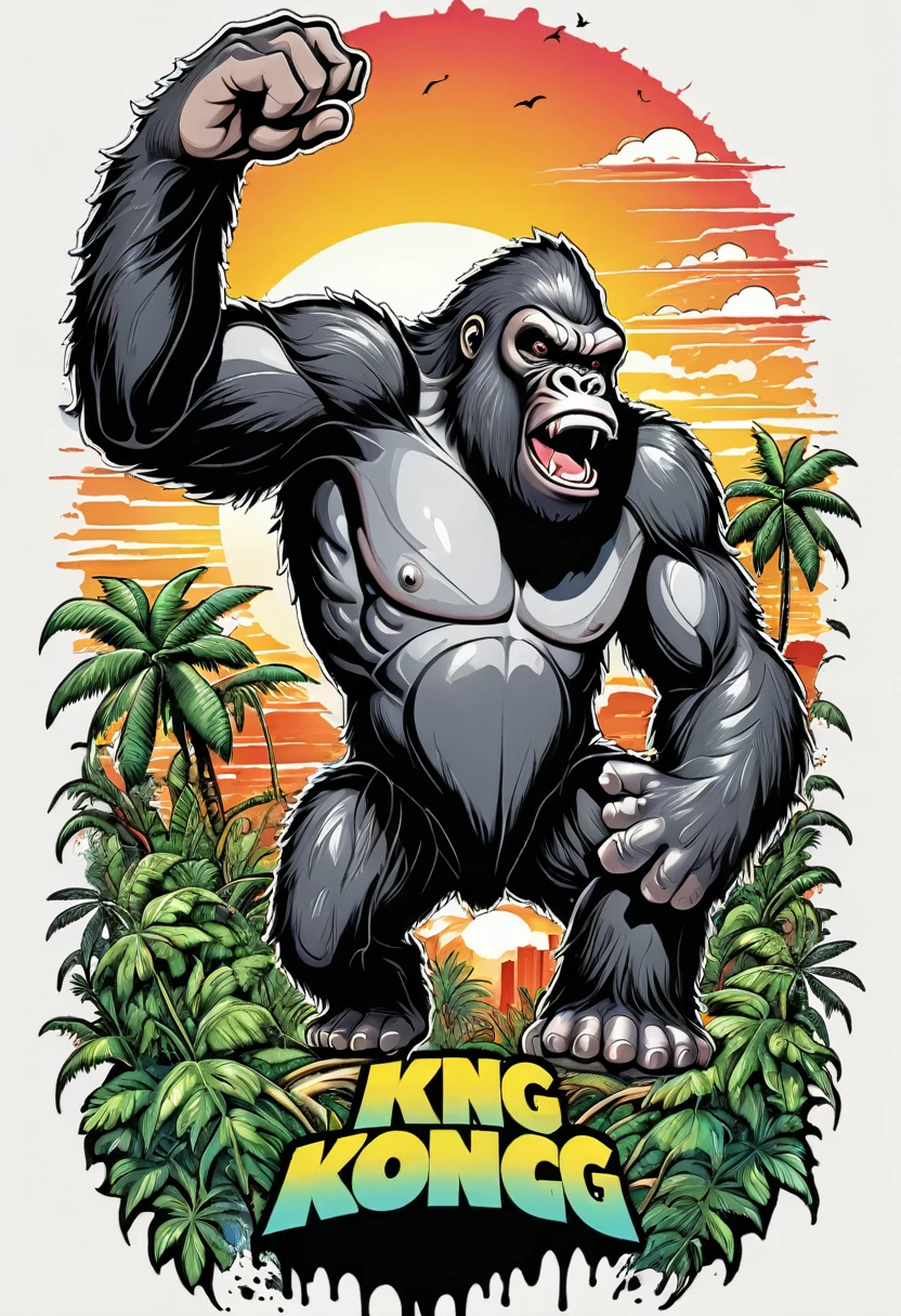 (((a sticker))), (((white background))),splash art, intricately detailed t-shirt design ready for print , 2d, ONE angry wild shouting furious  HUGE KING KONG in foreground, Jungle sunset at the background, vibe detailed design for streetwear and urban style t-shirts design, pro vector, (cel-shading style:1.3), inkpunk, (ink lines:1.1), strong outlines, bold traces, high contrast, (cel-shaded:1.1), vector, 32k resolution, best quality, flat lights,vector t-shirt art ready for print, intricate rich extremely complex ornaments illustration, extremely detailed and complex illustration, high detail, clean lines style, intricate high details, (((white plain background)))