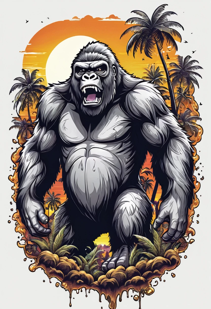 (((a sticker))), (((white background))),splash art, intricately detailed t-shirt design ready for print , 2d, ONE angry wild shouting furious  HUGE KING KONG in foreground, Jungle sunset at the background, vibe detailed design for streetwear and urban style t-shirts design, pro vector, (cel-shading style:1.3), inkpunk, (ink lines:1.1), strong outlines, bold traces, high contrast, (cel-shaded:1.1), vector, 32k resolution, best quality, flat lights,vector t-shirt art ready for print, intricate rich extremely complex ornaments illustration, extremely detailed and complex illustration, high detail, clean lines style, intricate high details, (((white plain background)))