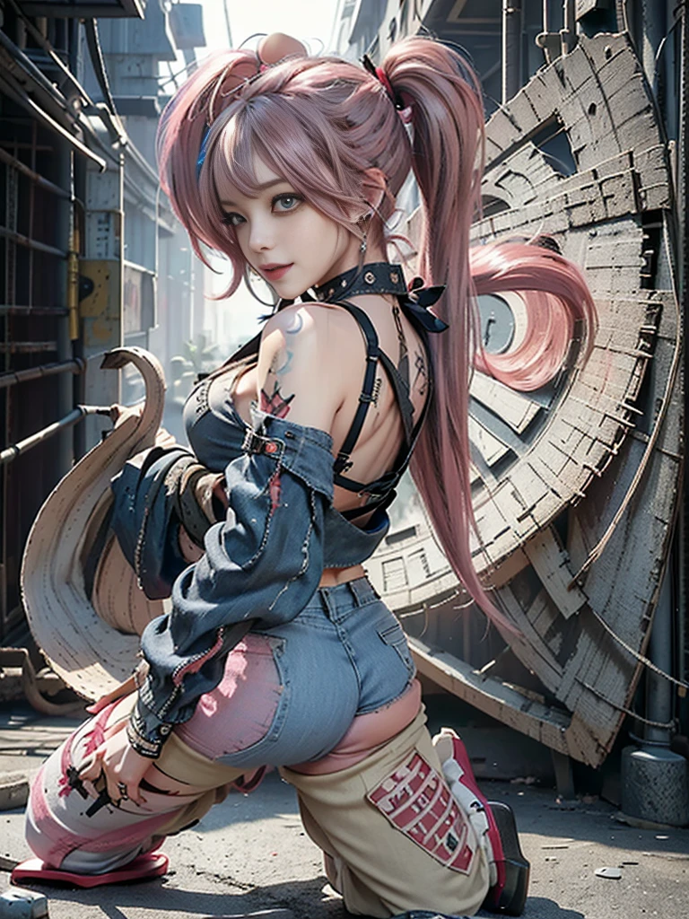 (Full Body View:1.3)、(Side view:1.1)、(Beautiful face:1.3)、(Smiling with teeth showing:1.3),(Shibuya Gal:1.5)、(Beverly Hills Whore:1.4)、(Neo-goth fashion:1.5)、(Punk RockVisual Kei:1.4)、(Modern white and red Barong:1.5)、(Tattered brown and charcoal denim bugle pants:1.5)、(Mustard Yellow Headband:1.3)、(Charcoal and khaki high heels:1.4)、collar、(We sell patterned underwear with logos.:1.4)、15 years old、NSFW,((Highest quality、In 8K、masterpiece:1.3))、Sharp focus:1.2、(Layered Cut、Huge boobs:1.1),Beautiful woman with perfect figure:1.4、(Open legs:1.3)、(Raise your arms:1.2)、(Open your crotch:1.3)、Slender Abs:1.2、Butt、Highly detailed face and skin texture、Detailed eyes、double eyelid,(Twin tails:1.3)、(Pink Hair:1.3)、Dynamic Pose、Obscene pose、Humiliating pose、Gravure idol、(luxury fashion show stage:1.3)、(Make your legs thinner:1.4)、(Slim body:1.3)、(clavicle:1.1)