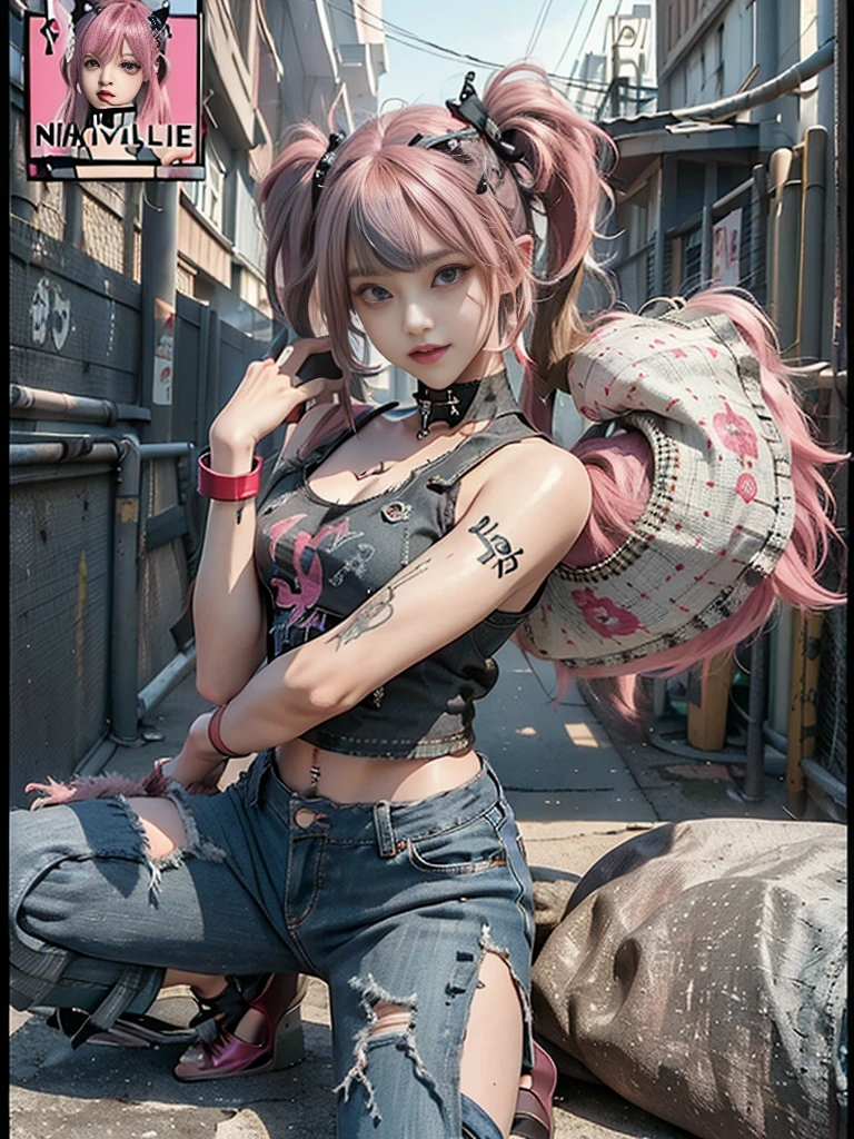 (Full Body View:1.3)、(Side view:1.1)、(Beautiful face:1.3)、(Smiling with teeth showing:1.3),(Shibuya Gal:1.5)、(Beverly Hills Whore:1.4)、(Neo-goth fashion:1.5)、(Punk RockVisual Kei:1.4)、(Modern white and red Barong:1.5)、(Tattered brown and charcoal denim bugle pants:1.5)、(Mustard Yellow Headband:1.3)、(Charcoal and khaki high heels:1.4)、collar、(We sell patterned underwear with logos.:1.4)、15 years old、NSFW,((Highest quality、In 8K、masterpiece:1.3))、Sharp focus:1.2、(Layered Cut、Huge boobs:1.1),Beautiful woman with perfect figure:1.4、(Open legs:1.3)、(Raise your arms:1.2)、(Open your crotch:1.3)、Slender Abs:1.2、Butt、Highly detailed face and skin texture、Detailed eyes、double eyelid,(Twin tails:1.3)、(Pink Hair:1.3)、Dynamic Pose、Obscene pose、Humiliating pose、Gravure idol、(luxury fashion show stage:1.3)、(Make your legs thinner:1.4)、(Slim body:1.3)、(clavicle:1.1)