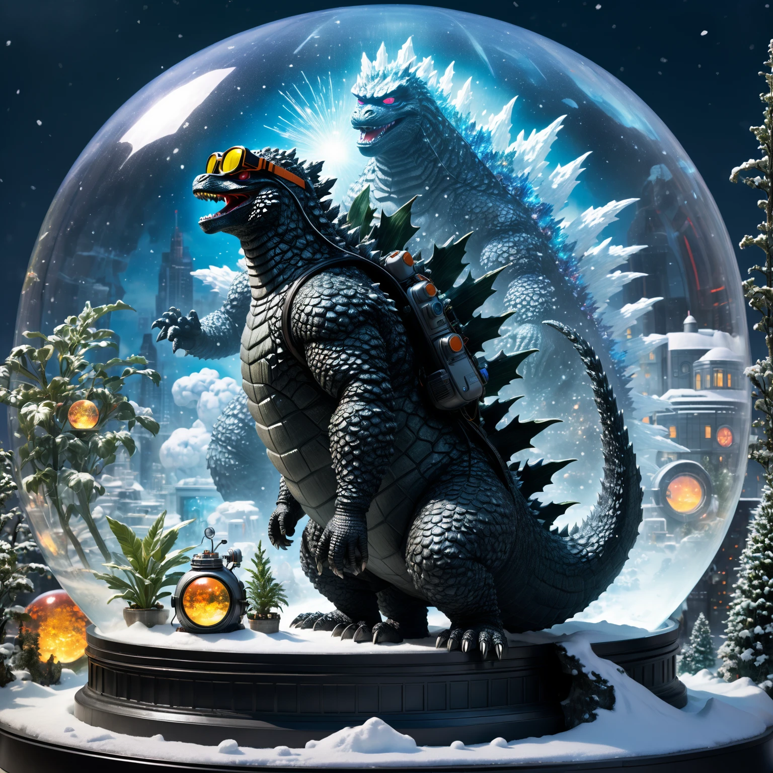 A partiality side view of an elegant scientist Godzilla, with dark goggles and wearing fashion accesories, he is watching an experimental nuclear explosion inside a giant snow-globe like structure in the distance, surrounding plants slightly glowing with bioluminesce.