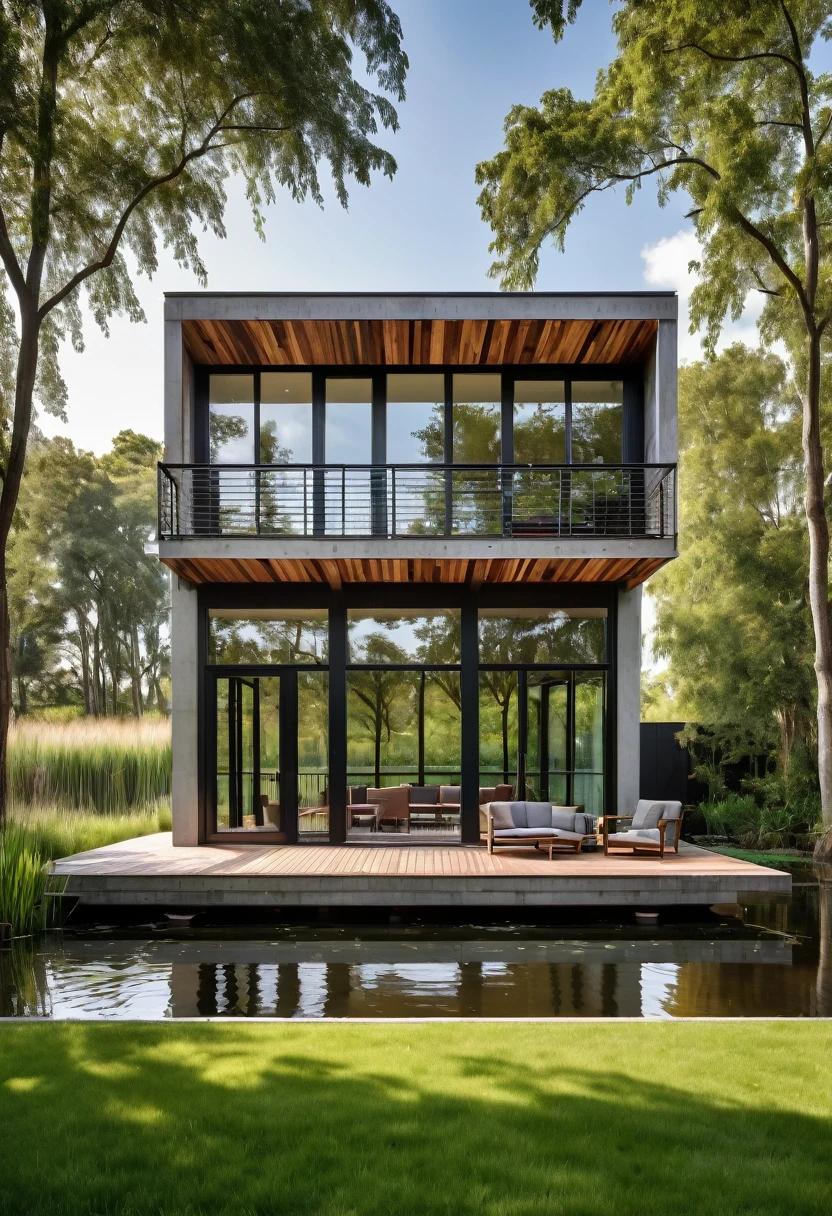 raw photo, realism, real photo, contemporary house with steel, wood and concrete structure, brise-brise style windows, deck overlooking a large duck pond, real grass