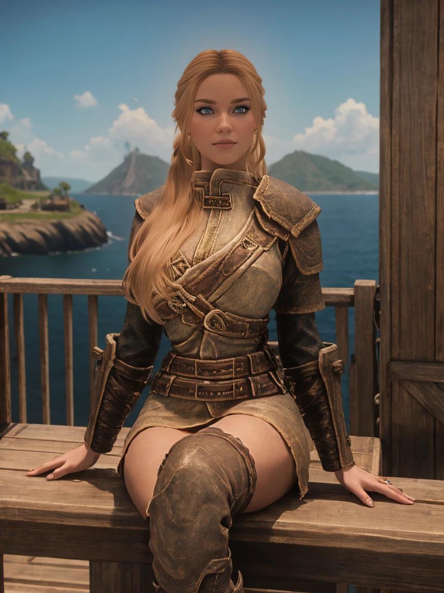 A majestic female Breton warrior maiden, her long, curly blonde hair tied back by a crimson ribbon, sits cross-legged on the wooden deck of the majestic ship in Daggerfall's harbor, basking in the warm sunlight. Her armor, adorned with intricate silver filigree, gleams against the blue sky as she dons a short skirt and knee-high boots. Her piercing gaze, bold and unyielding, meets the viewer's direct stare, her features illuminated by the golden light.