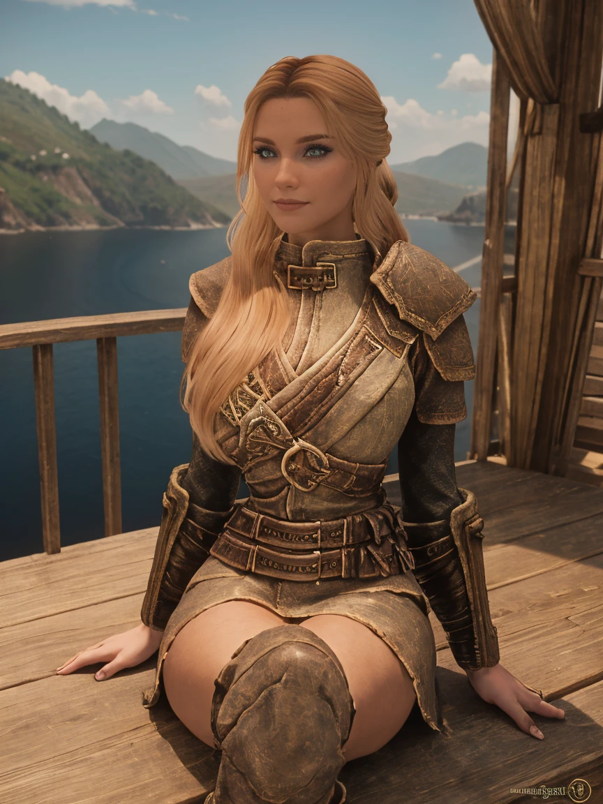 A majestic female Breton warrior maiden, her long, curly blonde hair tied back by a crimson ribbon, sits cross-legged on the wooden deck of the majestic ship in Daggerfall's harbor, basking in the warm sunlight. Her armor, adorned with intricate silver filigree, gleams against the blue sky as she dons a short skirt and knee-high boots. Her piercing gaze, bold and unyielding, meets the viewer's direct stare, her features illuminated by the golden light.