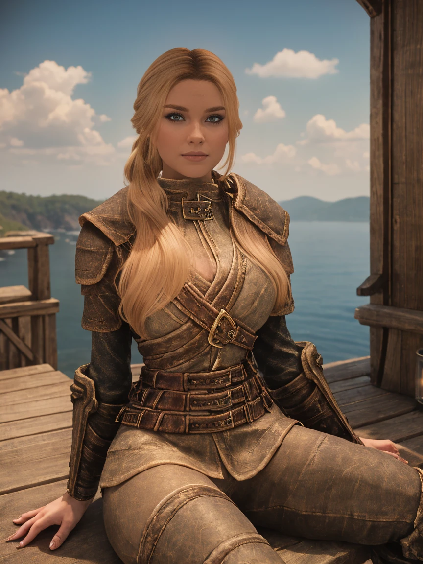 A majestic female Breton warrior maiden, her long, curly blonde hair tied back by a crimson ribbon, sits cross-legged on the wooden deck of the majestic ship in Daggerfall's harbor, basking in the warm sunlight. Her armor, adorned with intricate silver filigree, gleams against the blue sky as she dons a short skirt and knee-high boots. Her piercing gaze, bold and unyielding, meets the viewer's direct stare, her features illuminated by the golden light.