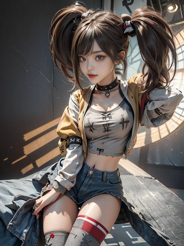 (Full Body View:1.3)、(Side view:1.1)、(Beautiful face:1.3)、(Smiling with teeth showing:1.3),(Shibuya Gal:1.5)、(Beverly Hills Whore:1.4)、(Neo-goth fashion:1.5)、(Punk RockVisual Kei:1.4)、(Modern white and red short jacket:1.5)、(Tattered brown and charcoal denim micro mini skirt:1.5)、(Mustard Yellow Headband:1.3)、(Charcoal and khaki striped knee socks:1.4)、collar、White long boots、(We sell patterned underwear with logos.:1.4)、、NSFW,((Highest quality、In 8K、masterpiece:1.3))、Sharp focus:1.2、(Layered Cut、Huge boobs:1.1),Beautiful woman with perfect figure:1.4、(Open legs:1.3)、(Raise your arms:1.2)、(Open your crotch:1.3)、Slender Abs:1.2、Butt、Highly detailed face and skin texture、Detailed eyes、double eyelid,(Twin tails:1.3)、(Light brown hair:1.3)、Dynamic Pose、Obscene pose、Humiliating pose、Gravure idol、(luxury fashion show stage:1.3)、(Make your legs thinner:1.4)、(Slim body:1.3)、(clavicle:1.1)