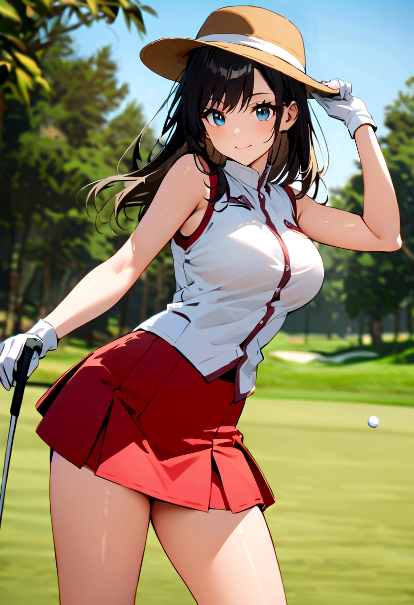 sound　high resolution　8k beauty　Woman playing golf　Golf course　Beautiful woman　Timid　Black Hair　　Golf Wear　mini skirt　smile　　looking at the camera　nice shot　No sleeve　Ten-gallon hat　Blonde