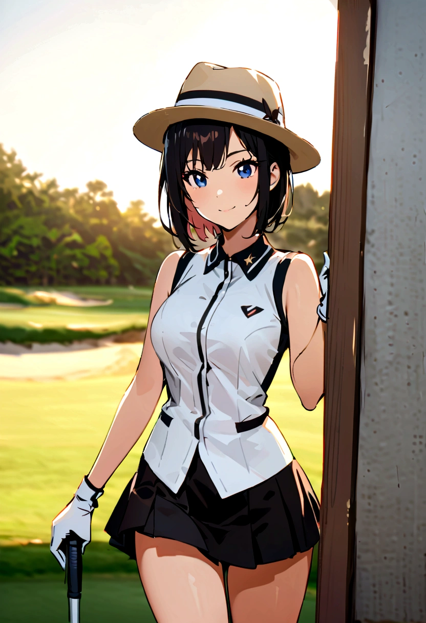 sound high resolution 8k beauty Woman playing golf Golf course Beautiful woman Timid Black Hair Golf Wear mini skirt smile looking at the camera nice shot No sleeve Ten-gallon hat Blonde