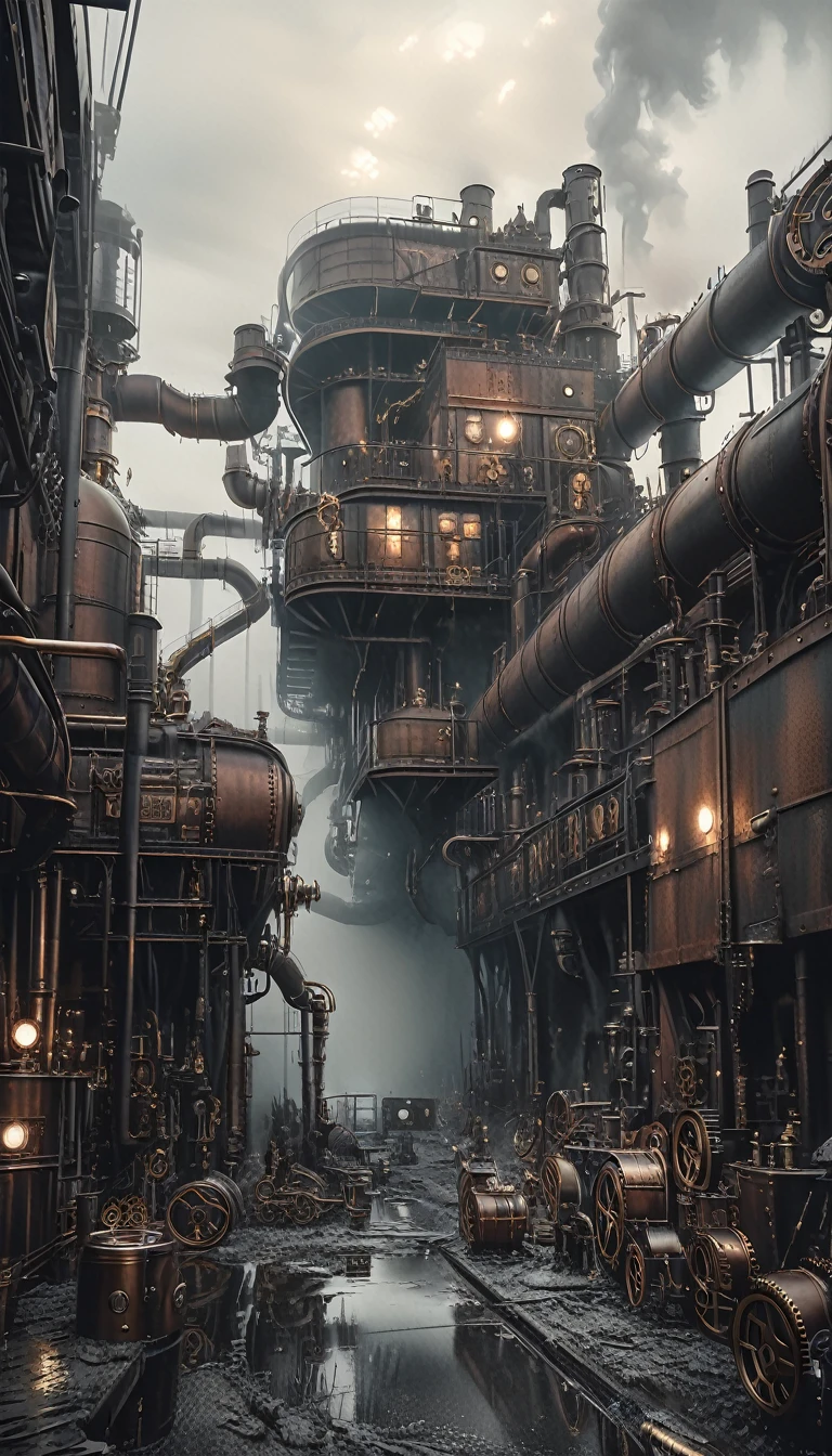 (steampunk:1.5), detailed large ruined industrial factory, foggy atmosphere, polluted environment, dirty industrial aesthetic, dystopian atmosphere, dramatic lighting, muted color palette, highly detailed masterpiece (best quality, 4k, 8k, high resolution, artwork master: 1.2), ultra detailed, (realistic, photorealistic, photorealistic: 1.37)(art inspired by Bill Sienkiewicz). oil painting)
