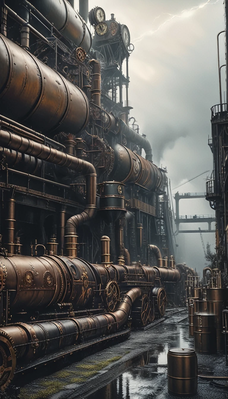 (steampunk:1.5), detailed large ruined industrial factory, foggy atmosphere, polluted environment, dirty industrial aesthetic, dystopian atmosphere, dramatic lighting, muted color palette, highly detailed masterpiece (best quality, 4k, 8k, high resolution, artwork master: 1.2), ultra detailed, (realistic, photorealistic, photorealistic: 1.37)(art inspired by Bill Sienkiewicz). oil painting)
